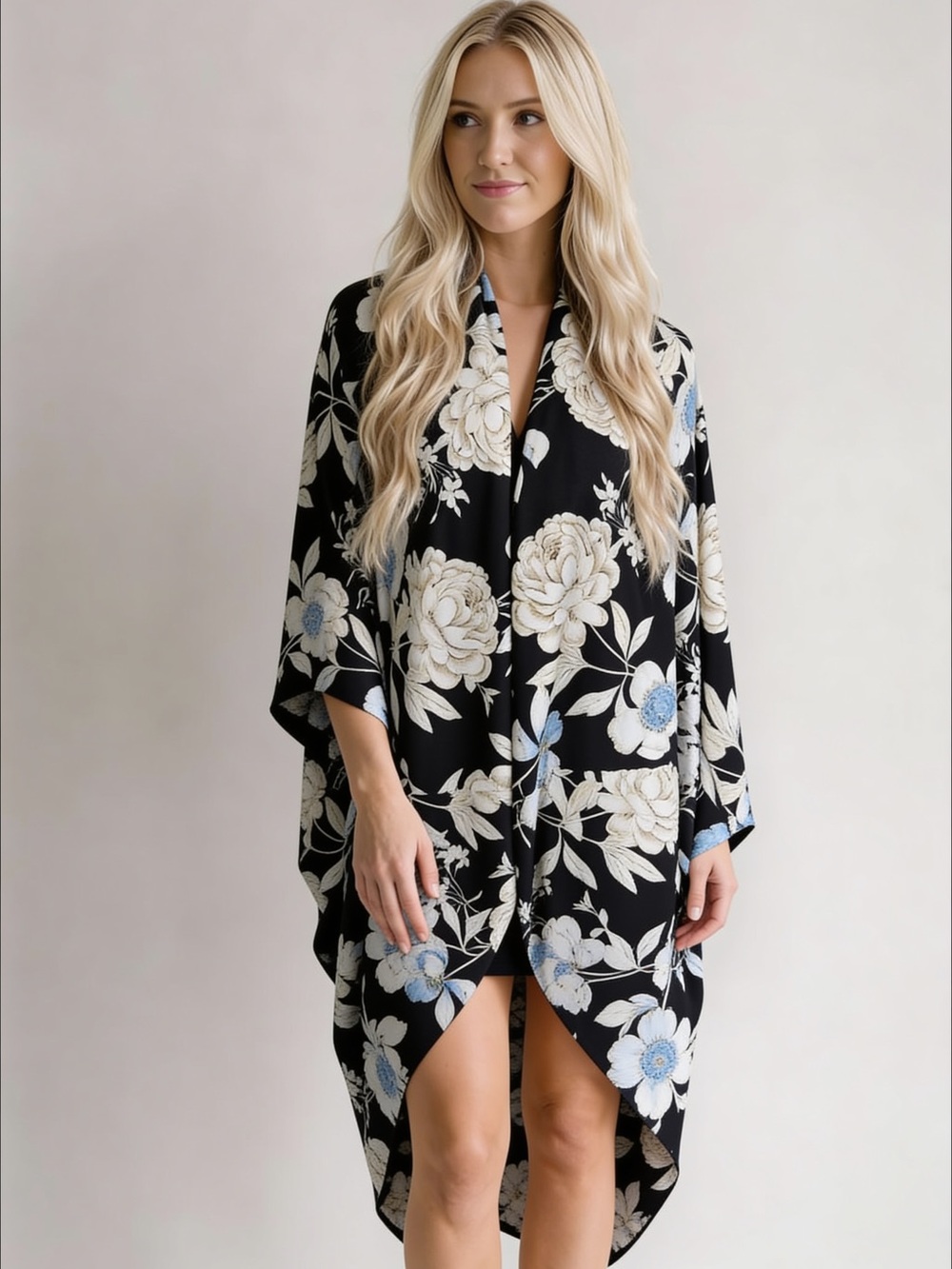 Fashion Nova Black and Cream Floral Kimono